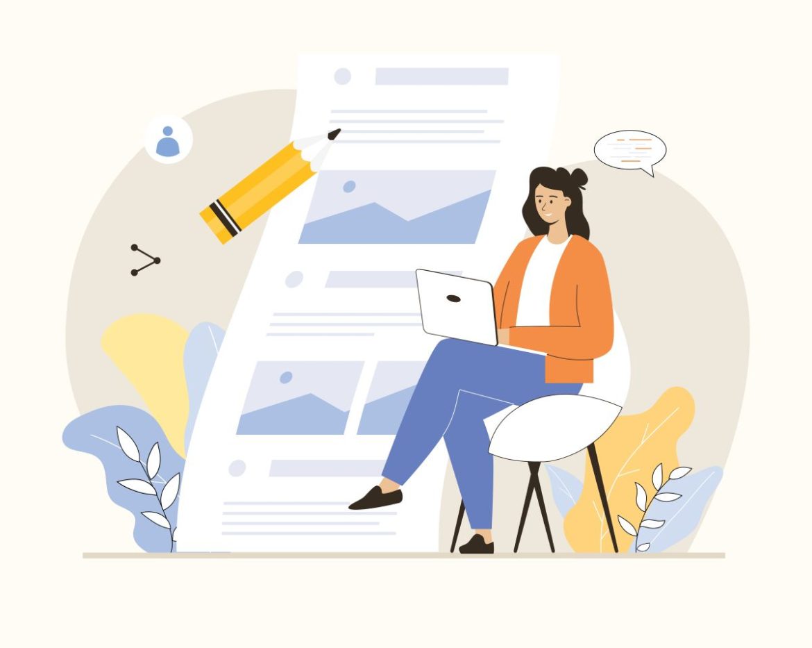 Businesswoman creating written and designed clinical study participant materials