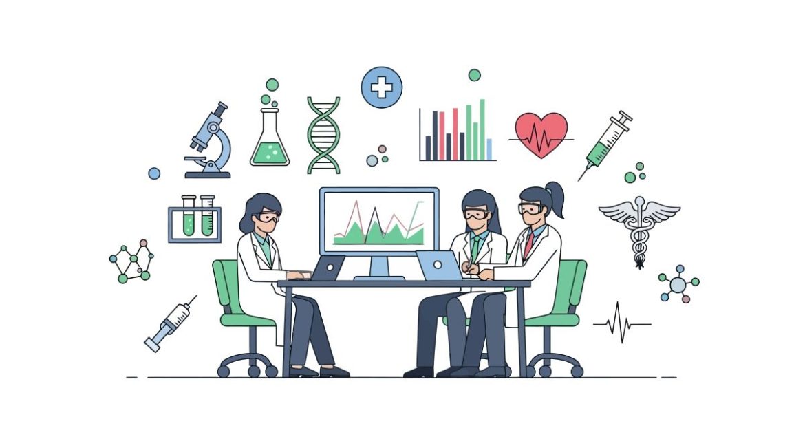 Clinical trial professionals on laptops with medical symbols and ancillary study supplies in the background surrounding them.