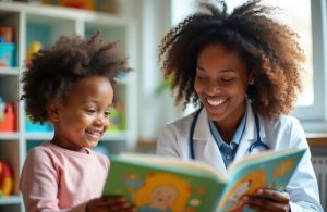 A female clinical trial team member looks at a book with a child participant