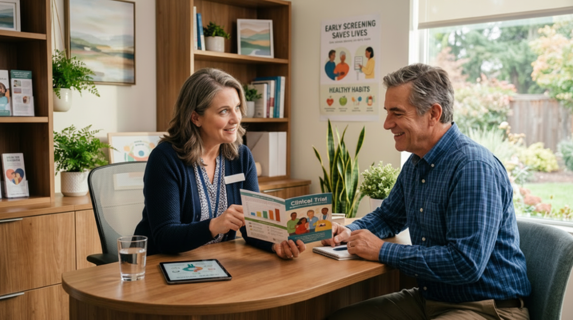 Clinical study team member showing participant a clinical trial booklet