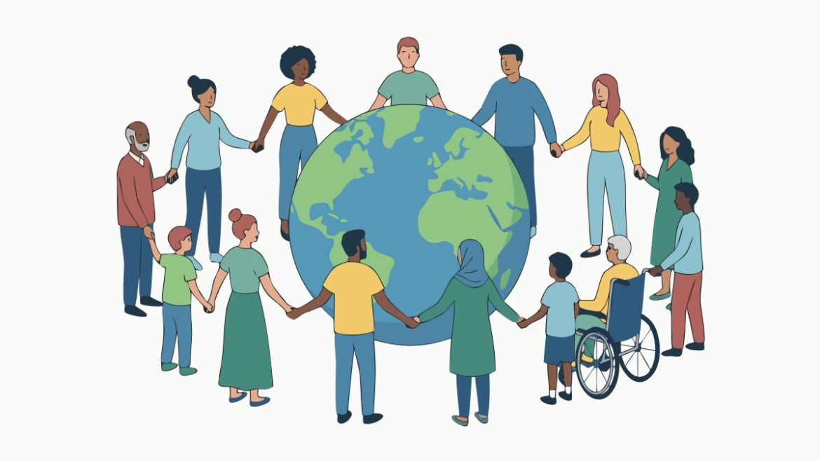 A diverse group of people hold hands around a globe representing clinical trial diversity, including age, disability, ethnic, religious, race, and gender diversity